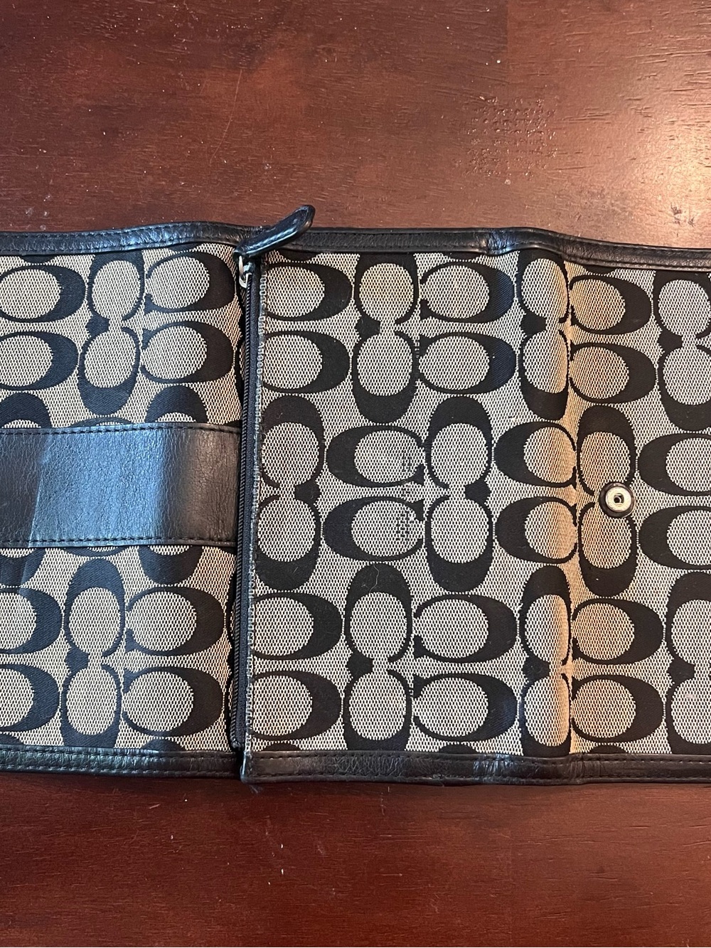 Coach Black and Tan Signature Canvas Tri-Fold Wallet
